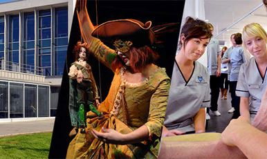 Collage of ҹɫֱ, a puppeteer on stage and two nursing students